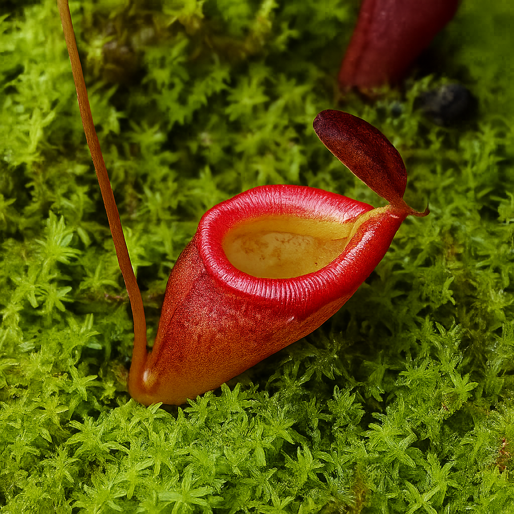 Flava Nepenthes. Red pitcher plant on a green moss background