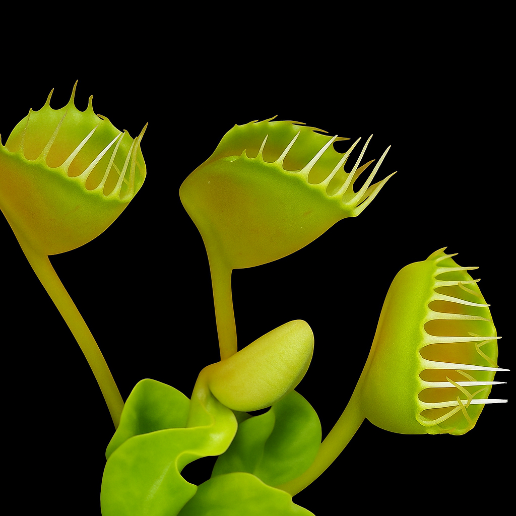 Close-up of a Venus flytrap  trichterfalle with three open traps on a black background