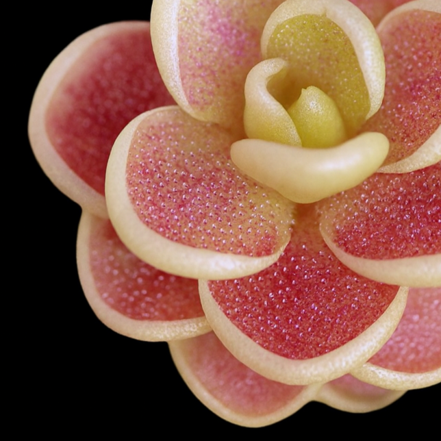 Close-up of a pink and white succulent plant on a black background pinguicula esseriana