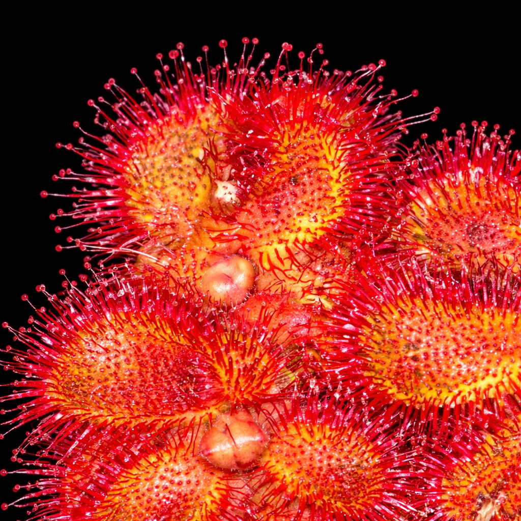 Close-up of a red and orange spiky plant against a black background Drosera Trinervia