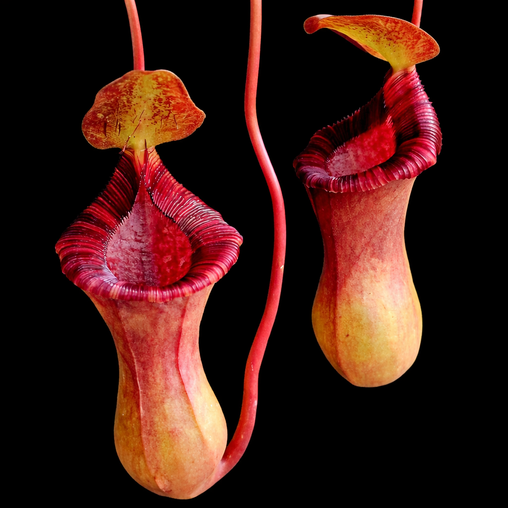 Two pitcher plants with red and yellow hues on a black background