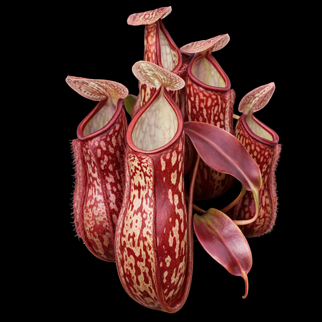 Close-up of a pitcher plant with red and white pattern on a black background