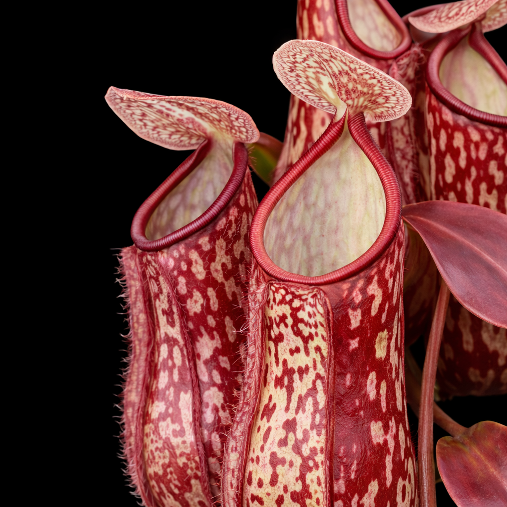 Close-up of a red and white pitcher plant with a dark background