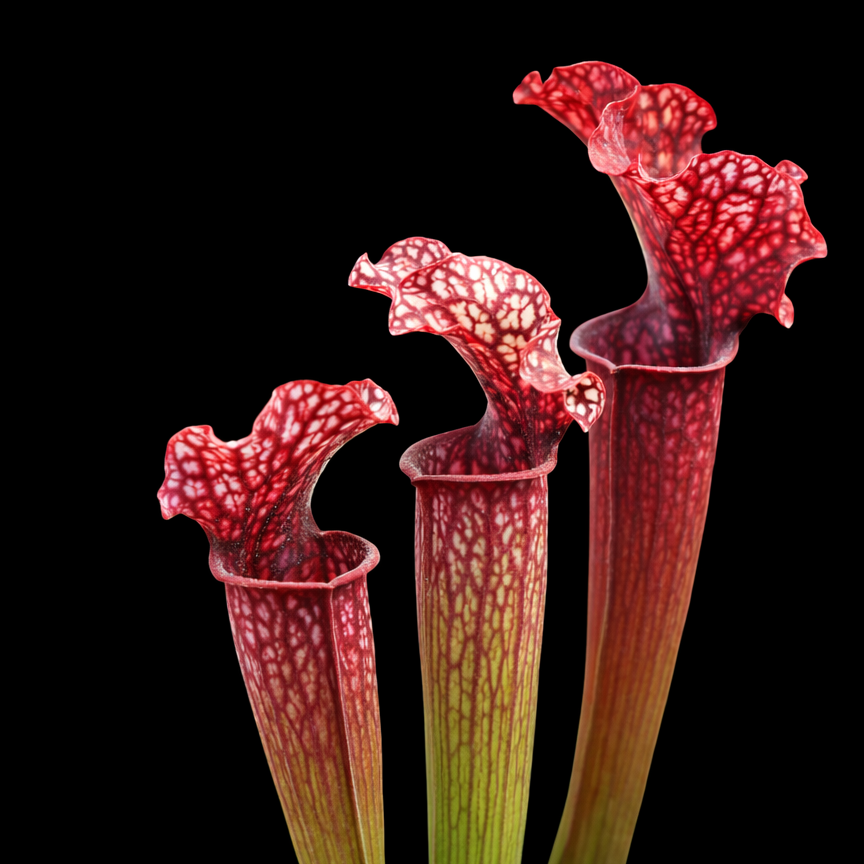 Three red and green pitcher plants on a black background