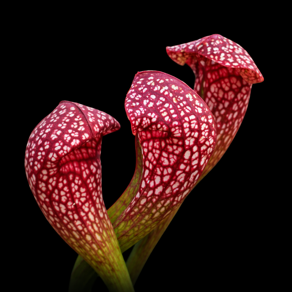 Close-up of a red and white spotted pitcher plant against a black background