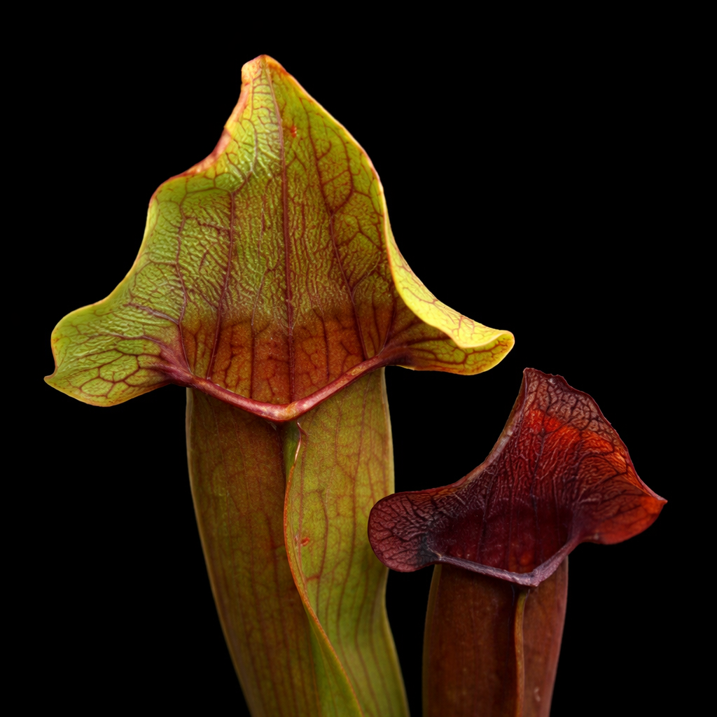Two pitcher plants with red and green colors on a black background